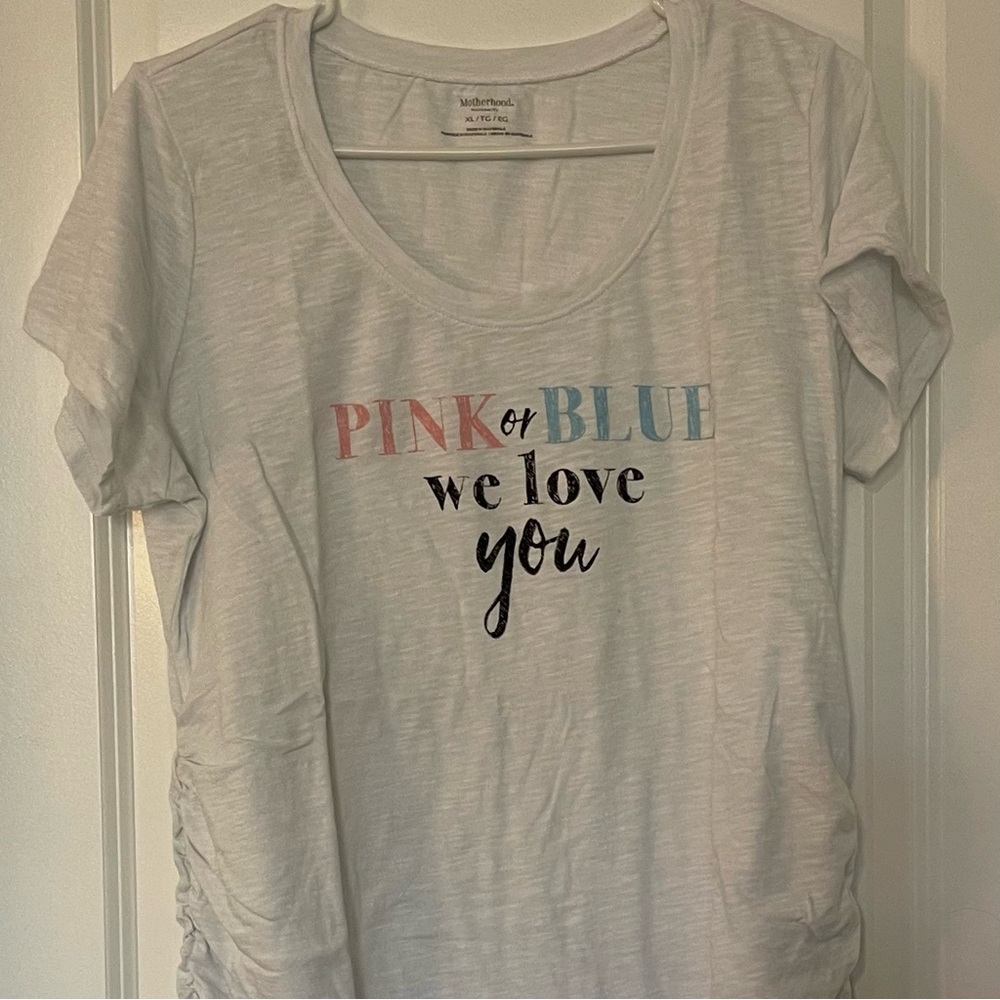 White Maternity Graphic Tee with Pink and Blue Text, size XL